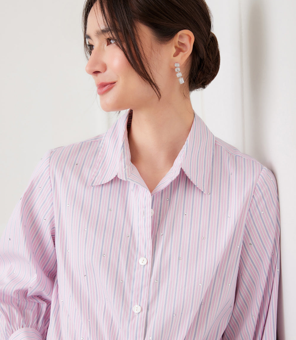 Stripe Blouson Sleeve Embellished Tie-Front Top