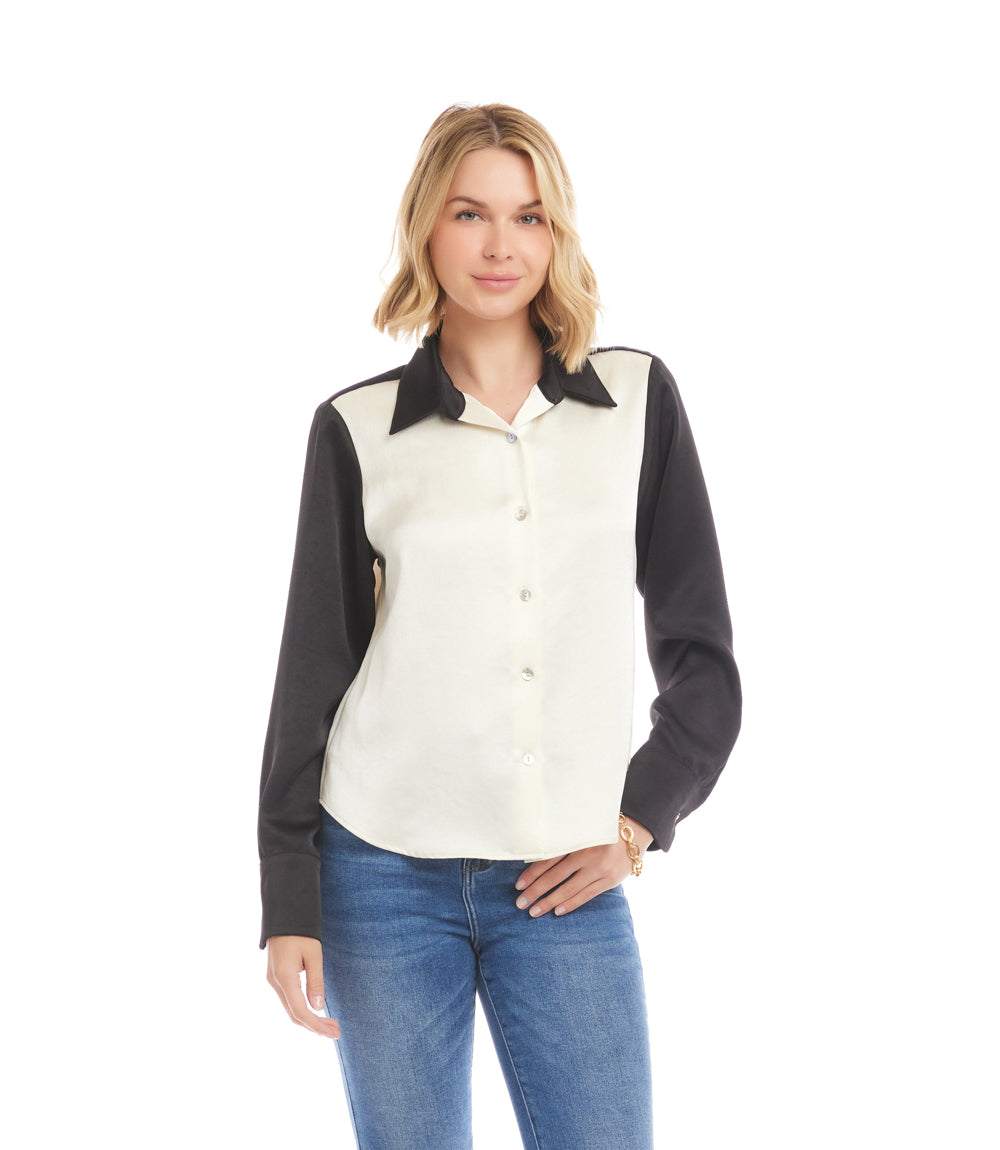 Long Sleeve Satin Colorblock Shirt