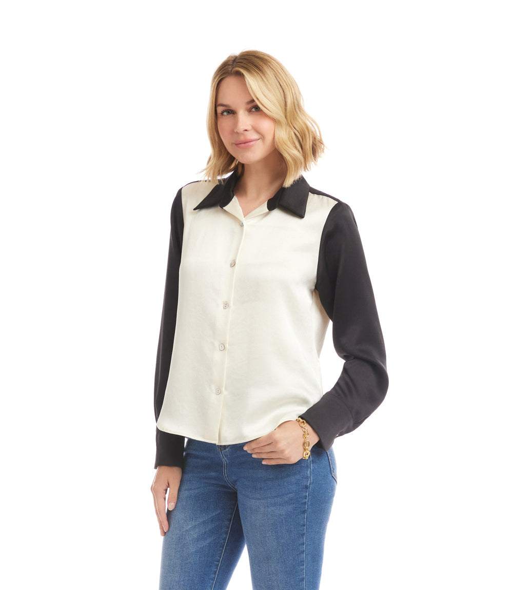 Long Sleeve Satin Colorblock Shirt