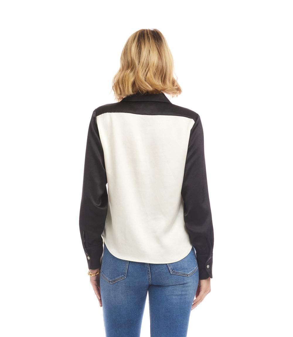 Long Sleeve Satin Colorblock Shirt