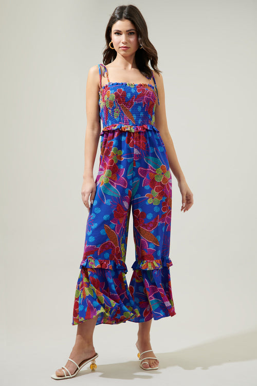 Amazonia Blue Jadora Smocked Tie Strap Cropped Jumpsuit