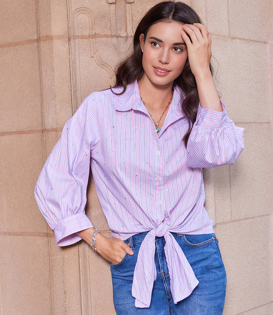 Stripe Blouson Sleeve Embellished Tie-Front Top