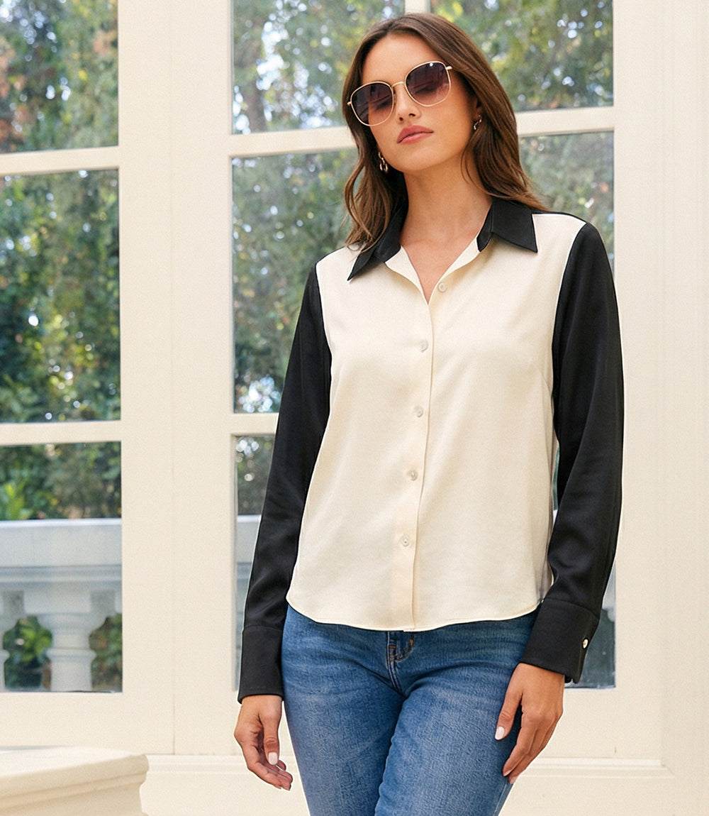 Long Sleeve Satin Colorblock Shirt