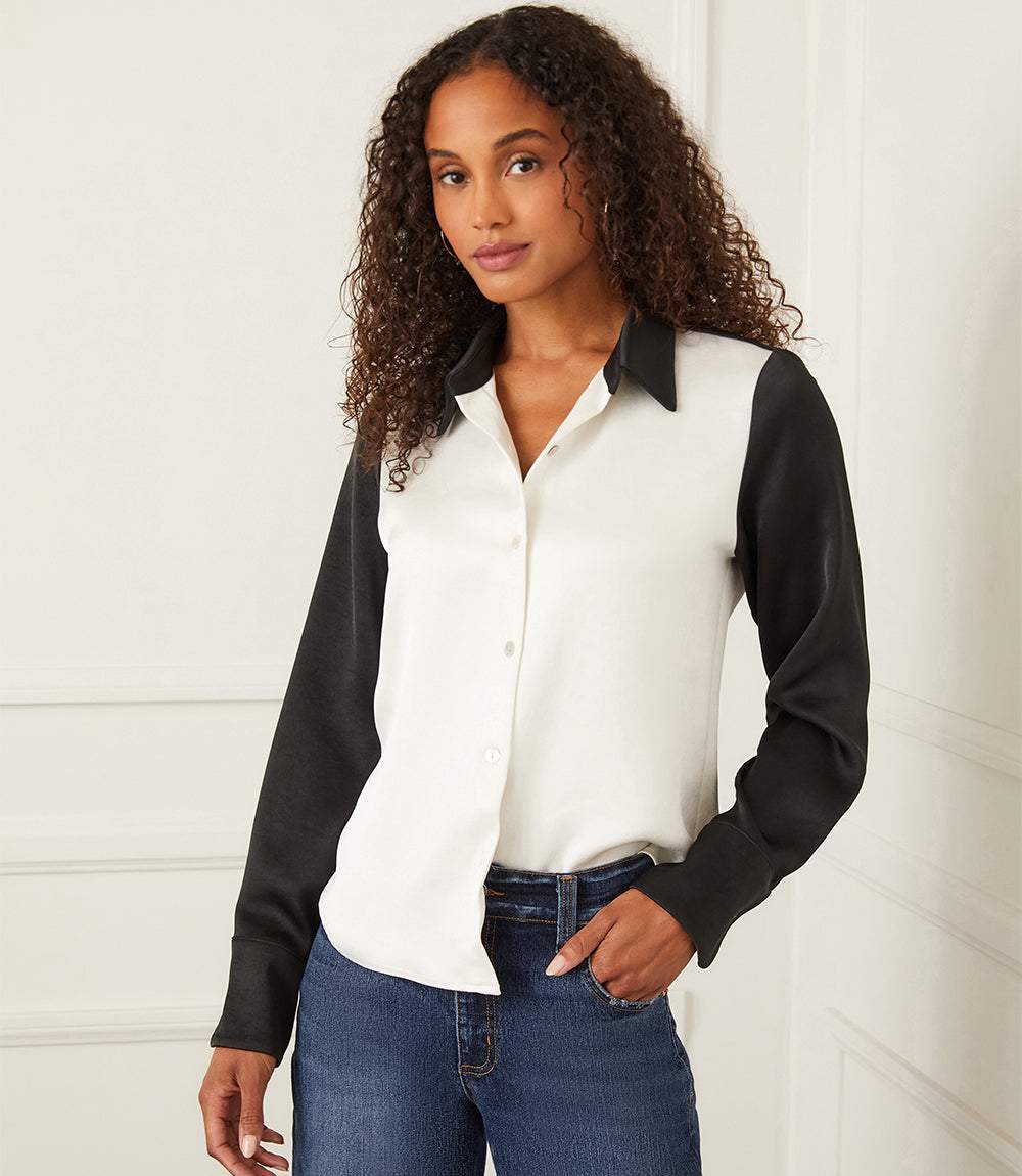 Long Sleeve Satin Colorblock Shirt